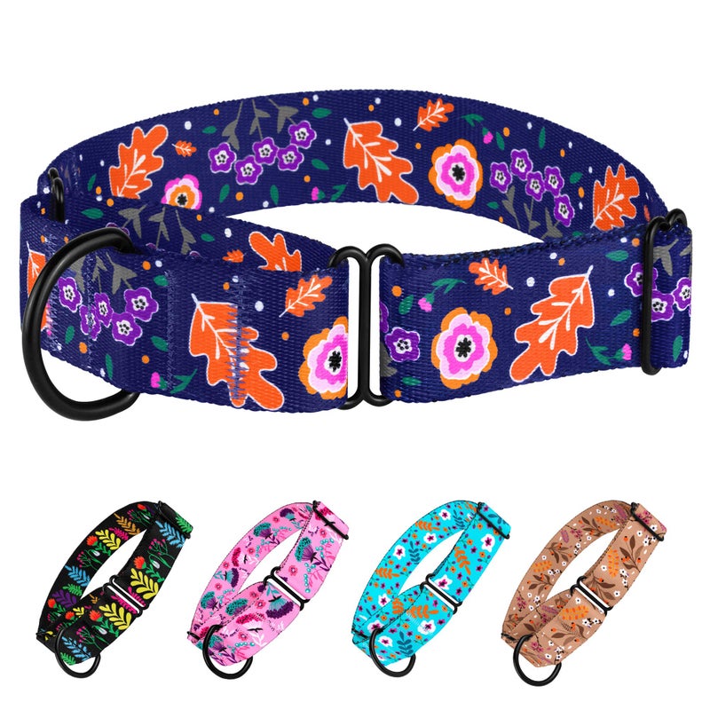 CollarDirect Martingale Collars for Dogs Heavy Duty Floral Pattern Female Safety Nylon Training Wide Collar Flower Design Large Medium (L, Neck Size 15"-20", Navy Blue) - Image 1